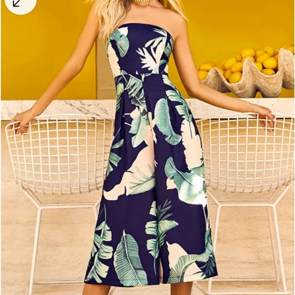 Rainforest Blooms Navy Blue Print Strapless Midi Jumpsuit Large - Picture 11 of 11